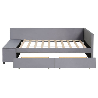 Twin L Shaped Upholstered Platform Bed With Storage Drawers - Gray