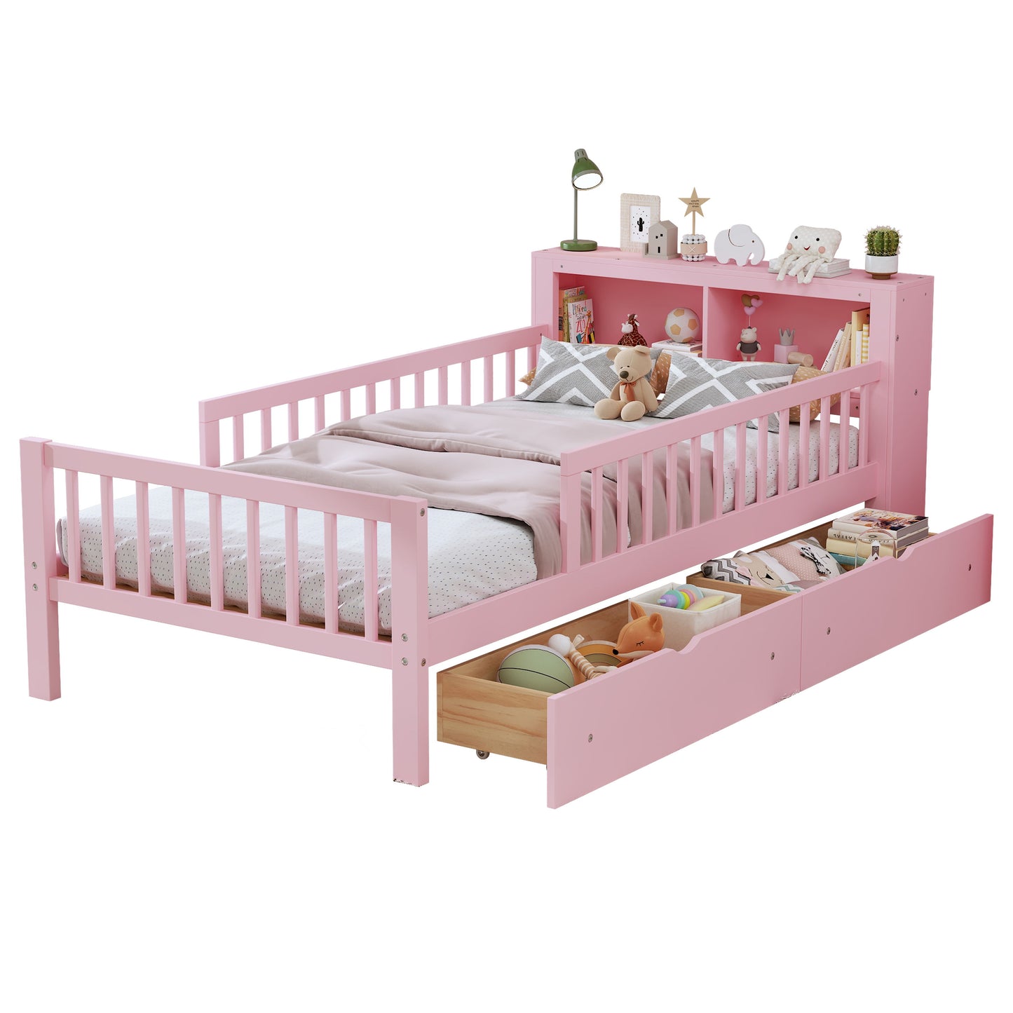 Twin Size Bed With Headboard Storage Rack, 2 Under Bed Drawers, 3 - Side Guardrails For Safety And Security - Pink