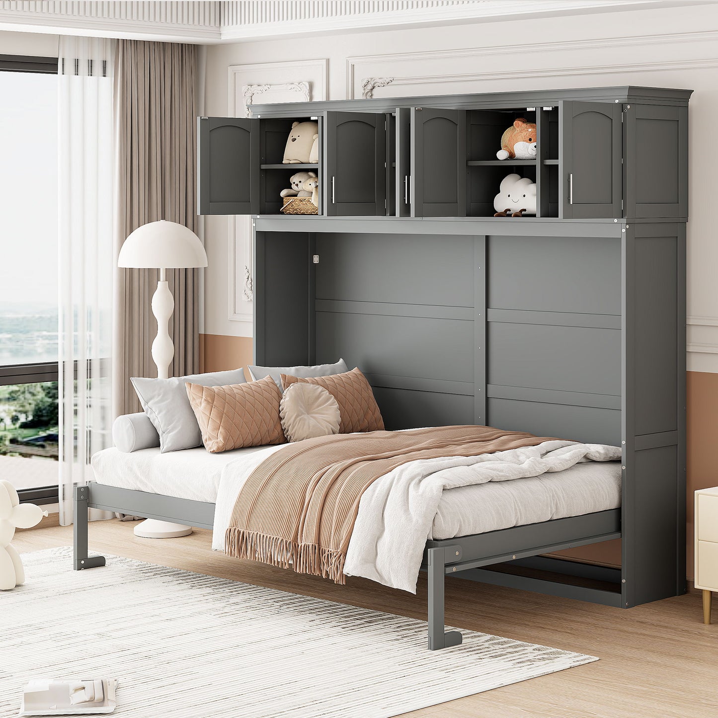 Queen Size Murphy Modern Bed With Top Cabinets For Space Saving And Comfort - Gray