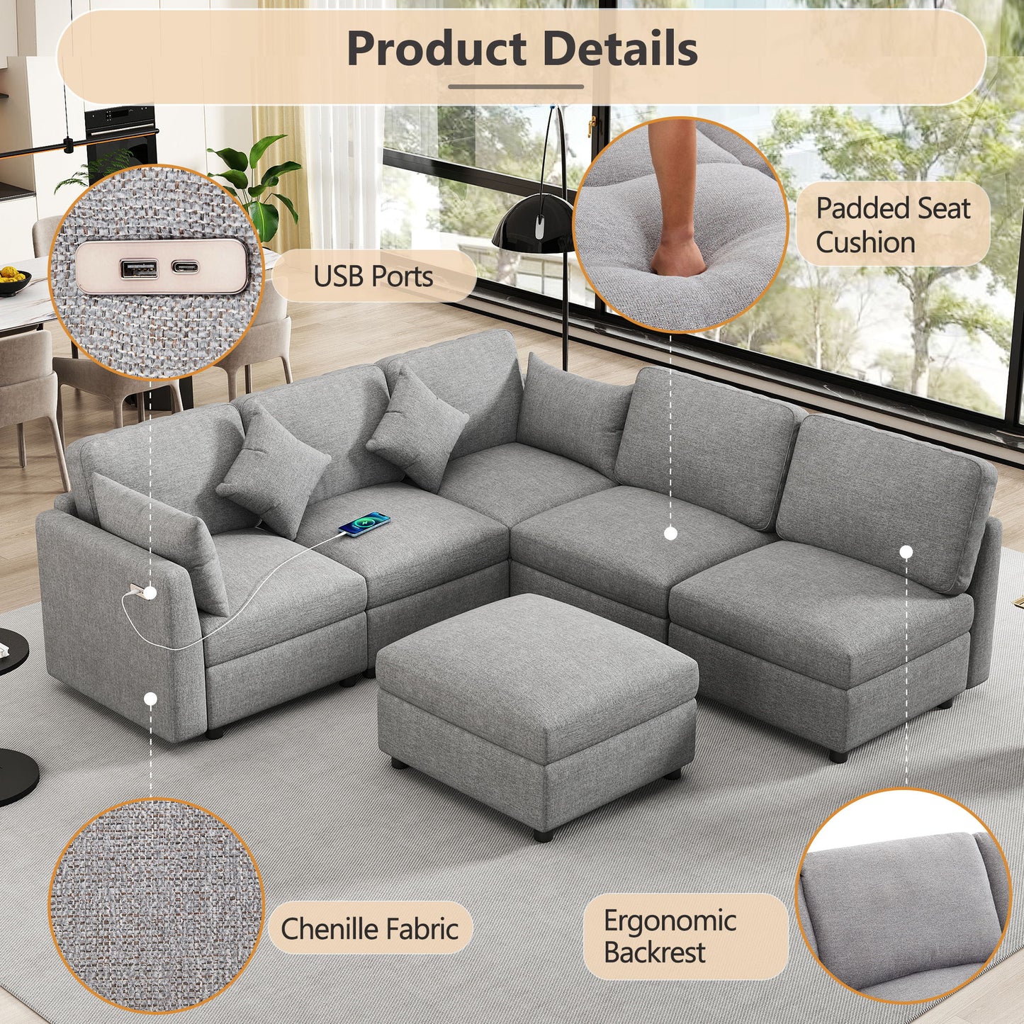Sectional Sofa Modular Sofa U - Shaped Sofa Couch Sofa Bed L - Shaped Sofa With A Movable Ottoman And Two USB Ports For Living Room - Light Gray