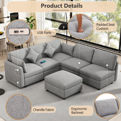 Sectional Sofa Modular Sofa U - Shaped Sofa Couch Sofa Bed L - Shaped Sofa With A Movable Ottoman And Two USB Ports For Living Room - Light Gray