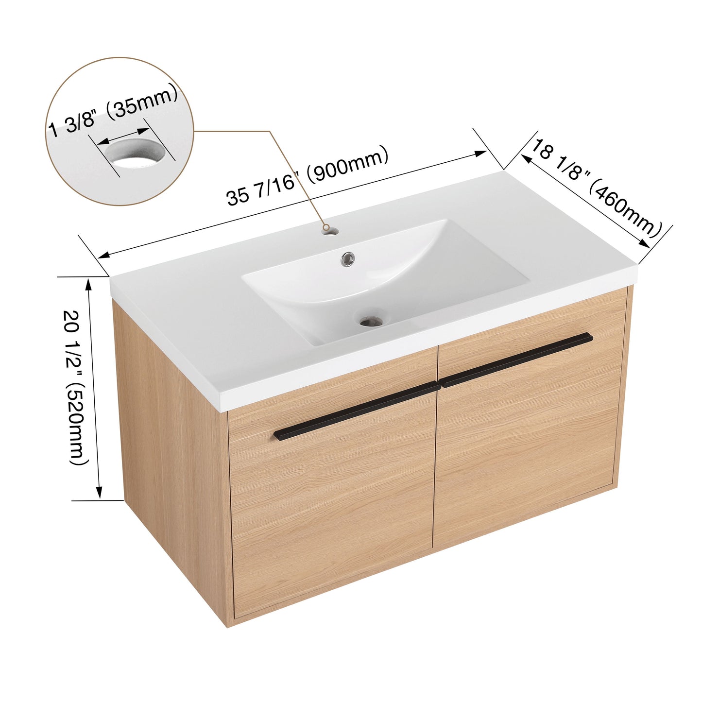 Bathroom Vanity With Resin Countertop Sink, 2 Doors Cabinet Set - Oak