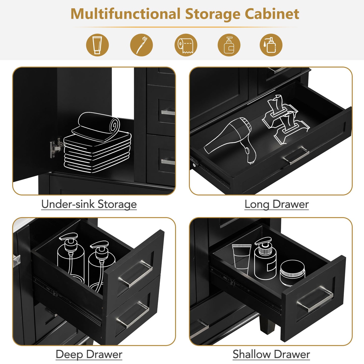 Bathroom Vanity, Modern Bathroom Cabinet With Sink Combo Set, Bathroom Storage Cabinet With A Soft Closing Door And 3 Drawers, Solid Wood Frame - Black