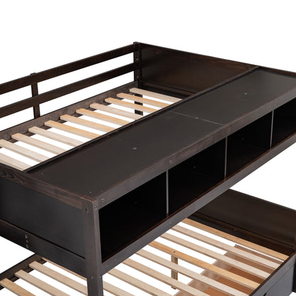 Twin Over Full Bunk Bed With Shelfs, Storage Staircase And 2 Drawers - Espresso