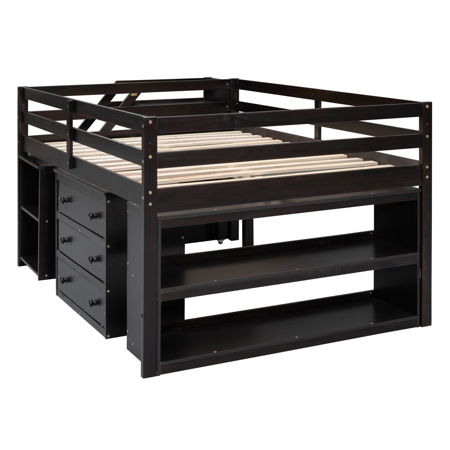 Full Size Loft Bed With Retractable Writing Desk And 3 Drawers With Storage Stairs And Shelves - Espresso