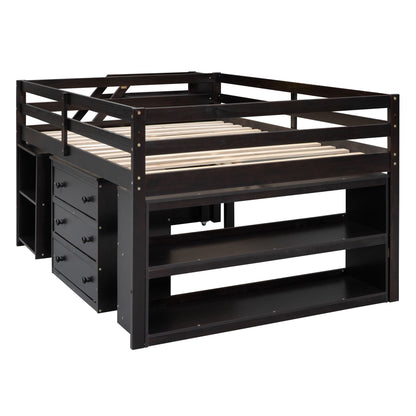 Full Size Loft Bed With Retractable Writing Desk And 3 Drawers With Storage Stairs And Shelves - Espresso