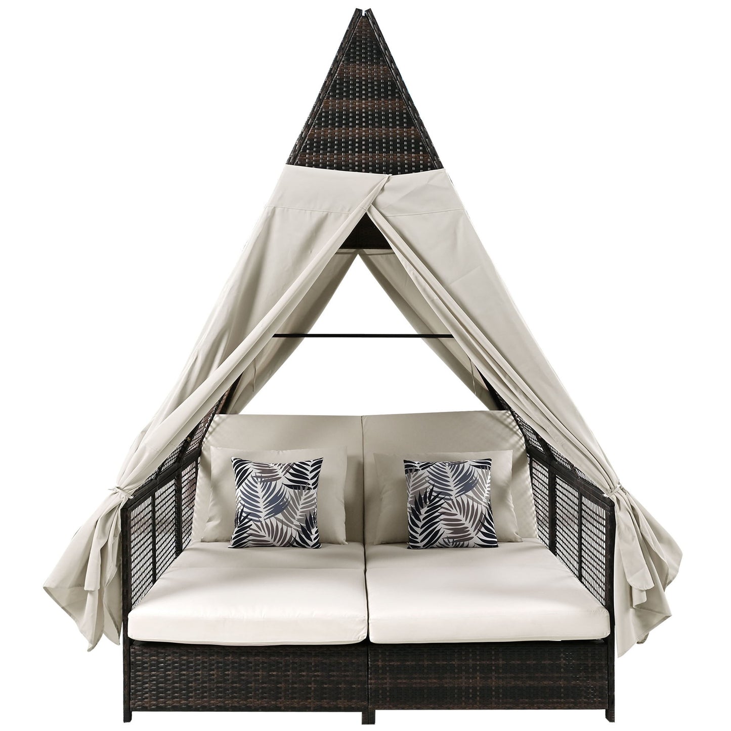 Outdoor Daybed Patio Lounge Bed With Adjustable Backrest Double Sun Lounger With Curtains, 4 Pillows For Garden Patio Poolside Balcony Beach - Beige