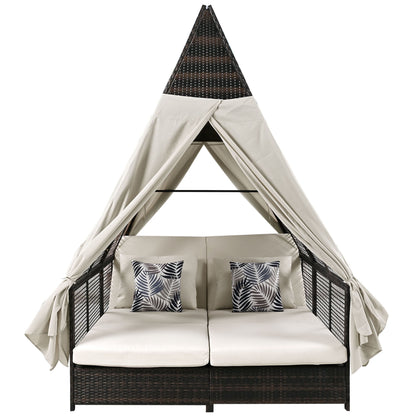 Outdoor Daybed Patio Lounge Bed With Adjustable Backrest Double Sun Lounger With Curtains, 4 Pillows For Garden Patio Poolside Balcony Beach - Beige