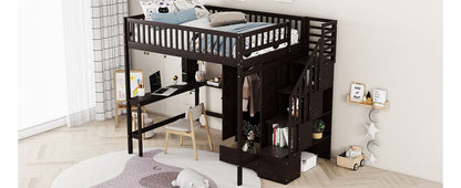 Full Size Loft Bed With Bookshelf, Drawers, Desk, And Wardrobe - Espresso