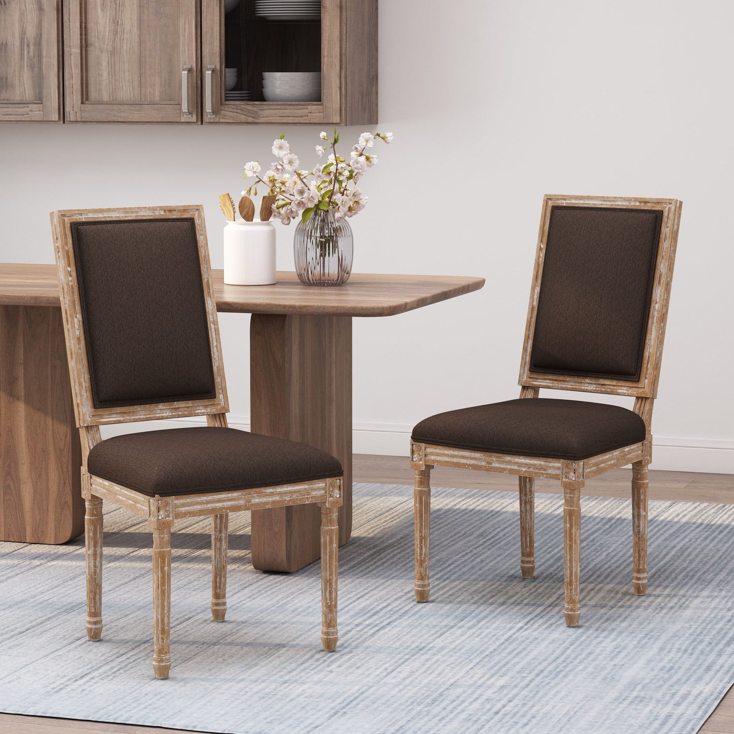 French Country Style Dining Chair Set With Upholstered Seats And Cane Backrest - Brown