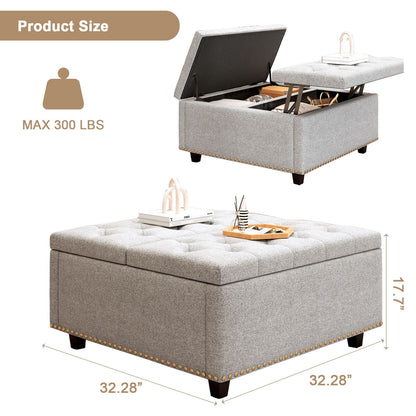 Large Square Storage Bench, Footstool With 2 Storage Doors, Mid - Century Modern Coffee Table For Living Room, Nailhead Inlay - Light Gray
