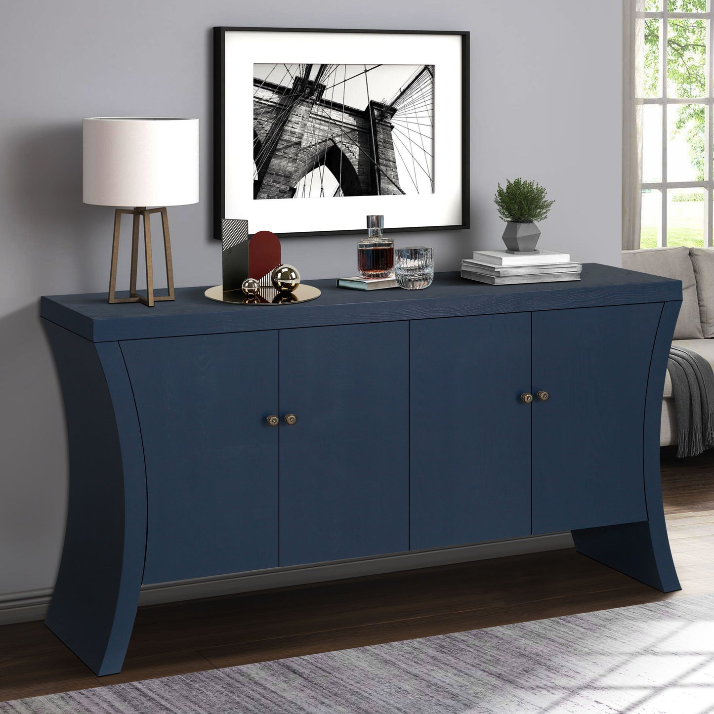 Refined Industrial 4 Door Credenza With Wooden Arc Legs & Bronze Clasps, Advanced Storage Design - Navy Blue