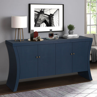 Refined Industrial 4 Door Credenza With Wooden Arc Legs & Bronze Clasps, Advanced Storage Design - Navy Blue