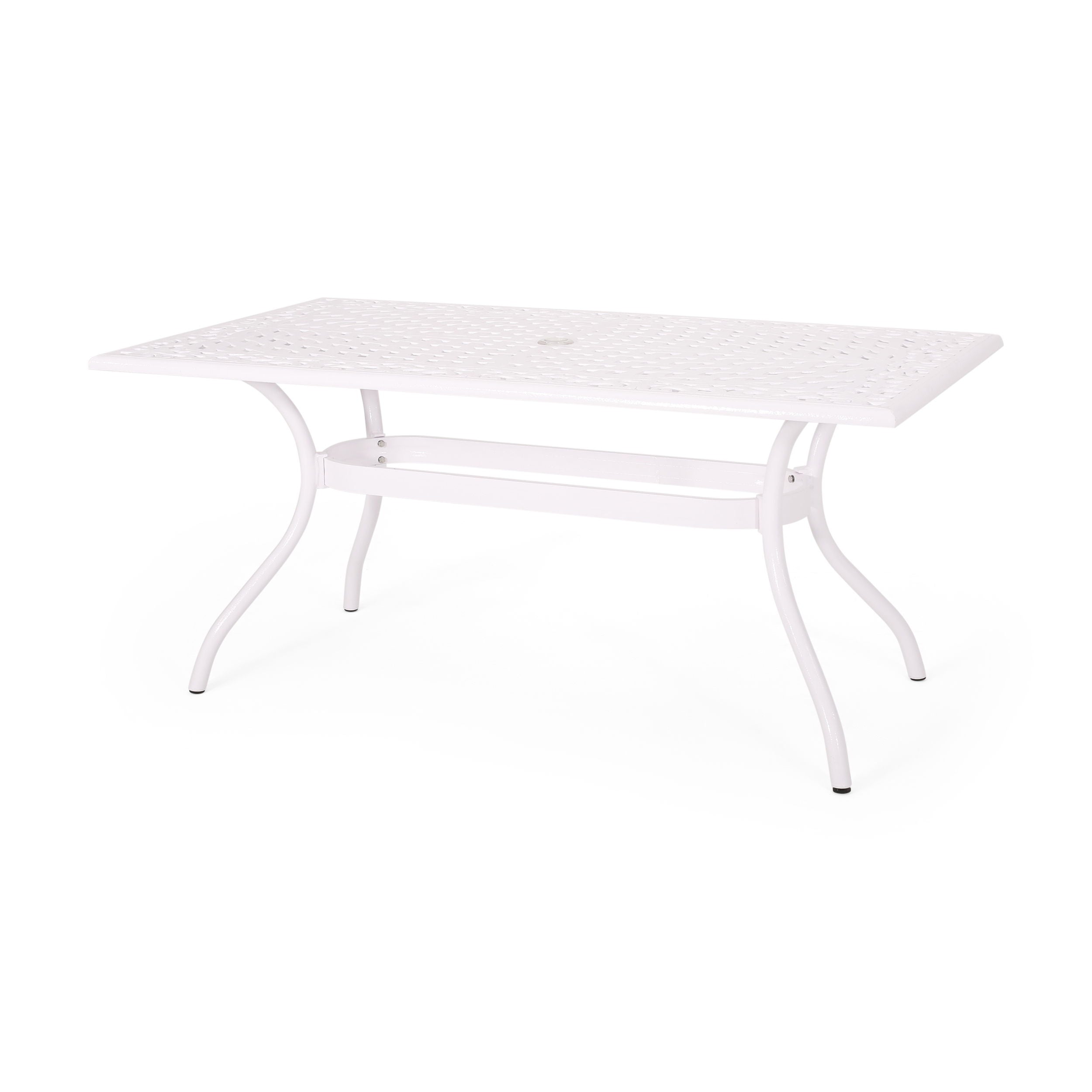 Celestine - Outdoor Cast Aluminum Dining Table With Floral Lattice Design And Umbrella Holder - White