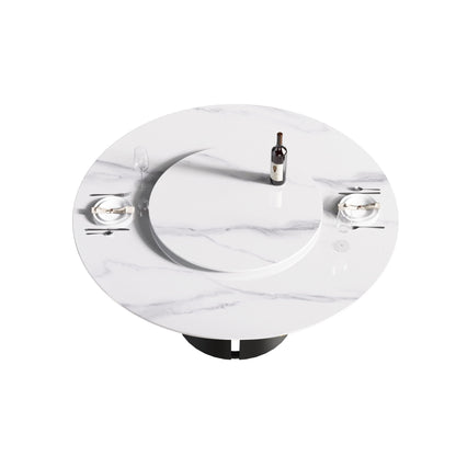59.05" Modern Artificial Stone Round Carbon Steel Base Dining Table, Can Accommodate 6 People, White Artificial Stone Turntable - White / Black