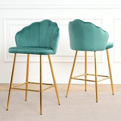 Shell Shape Velvet Bar Chair With Gold Plated Metal Legs (Set of 2) - Green