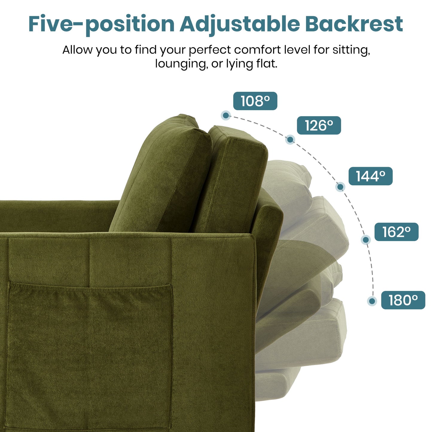 Upholstered Convertible Sleeper Sofa With Adjustable Backrest, Side Pockets, Storage Basket - Green