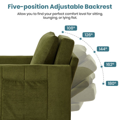 Upholstered Convertible Sleeper Sofa With Adjustable Backrest, Side Pockets, Storage Basket - Green