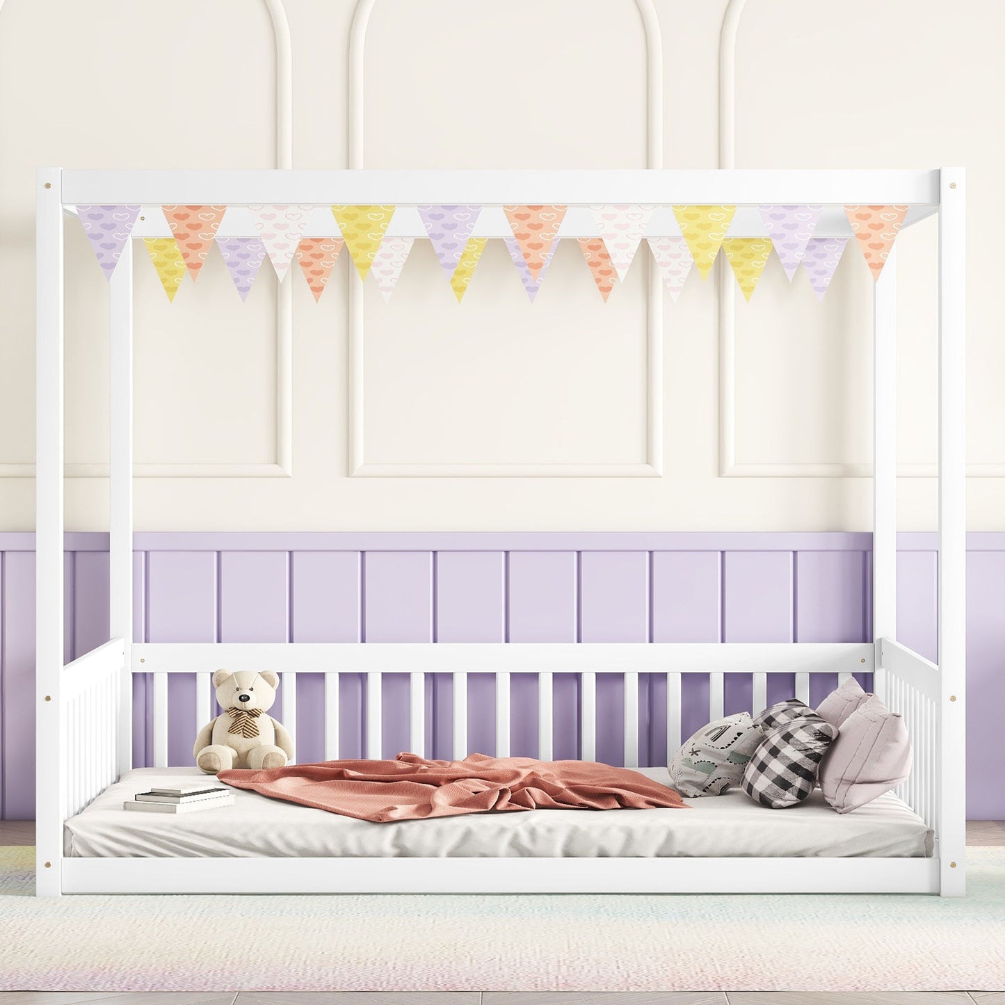 Full Size Canopy Frame Floor Bed With Fence, Guardrails - White