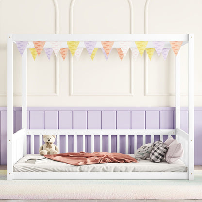 Full Size Canopy Frame Floor Bed With Fence, Guardrails - White