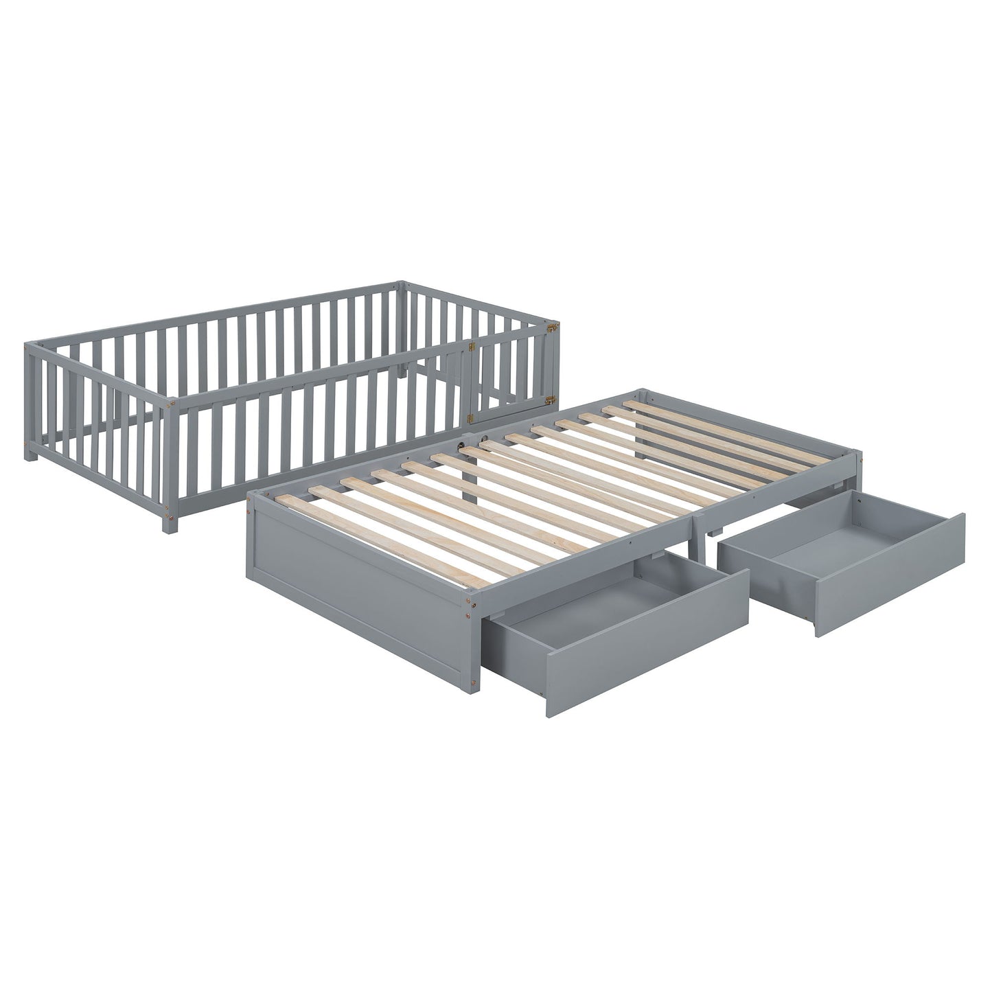 Twin Size Daybed With Fence Guardrails And 2 Drawers, Split Into Independent Floor Bed & Daybed - Gray