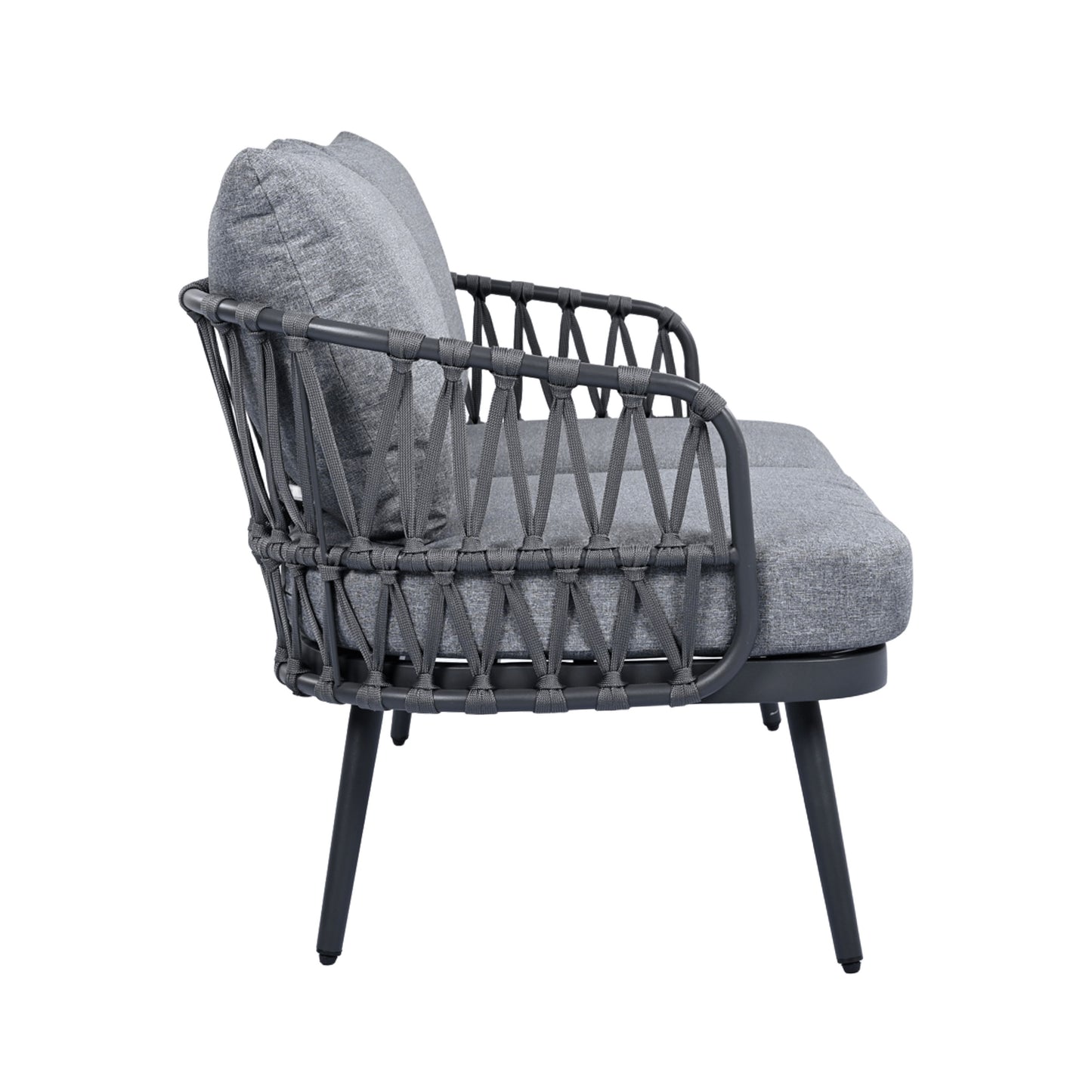 4 Piece Outdoor Patio Furniture Set, Metal Chairs With Woven Rope U Shaped Backrest, Outdoor Conversation Set With Thick Cushions And Coffee Table For Garden, Poolside, Balcony - Black / Gray