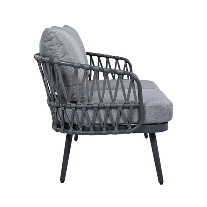 4 Piece Outdoor Patio Furniture Set, Metal Chairs With Woven Rope U Shaped Backrest, Outdoor Conversation Set With Thick Cushions And Coffee Table For Garden, Poolside, Balcony - Black / Gray