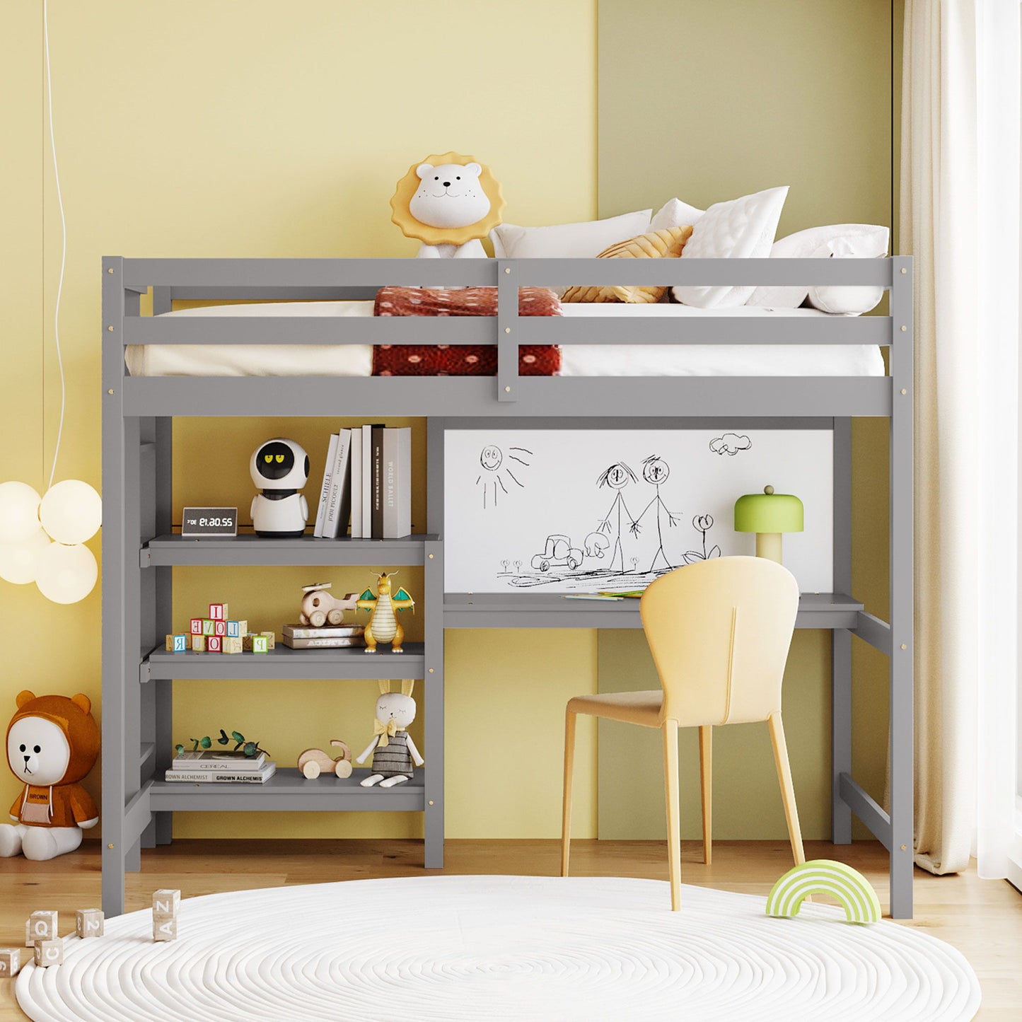 Twin Size Loft Bed With Shelves, Desk And Writing Board - Gray