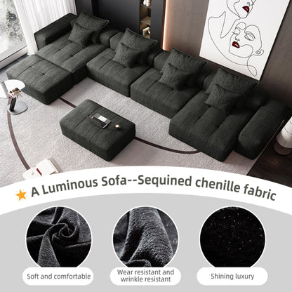 Modern Oversized Modular Sectional Sofa, Sparkling Chenille Fabric Soft Cushion Sofa With 8 Pillows, 8 Pieces Diy Combination Tufted Sofa, No Assembly Required - Black