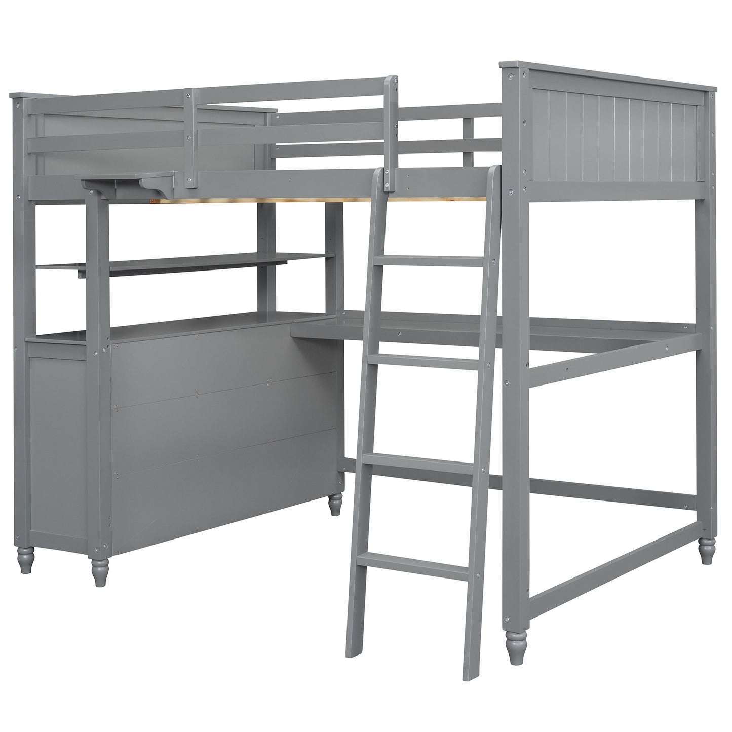 Full Size Loft Bed With Drawers And Desk With Shelves - Gray
