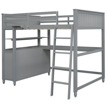 Full Size Loft Bed With Drawers And Desk With Shelves - Gray