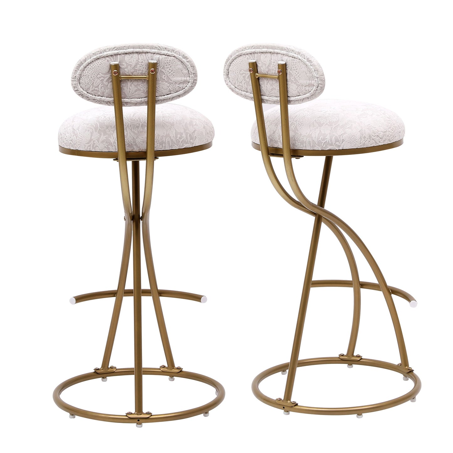 Modern S Shaped Bar Stools (Set of 2) With Backrest Floral Print Upholstered Dining Chairs Counter Height For Kitchen Island - Gold & White Print