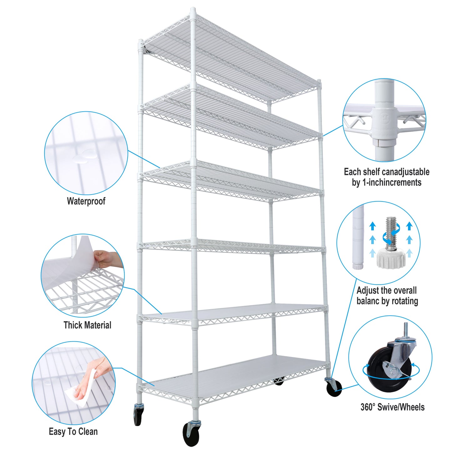 6 Tier 6000Lbs Capacity Nsf Metal Shelf Wire Shelving Unit, Heavy Duty Adjustable Storage Rack With Wheels & Shelf Liners For Commercial Grade Utility Steel Storage Rack - White