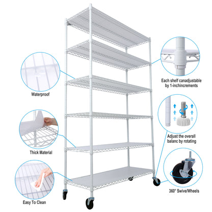 6 Tier 6000Lbs Capacity Nsf Metal Shelf Wire Shelving Unit, Heavy Duty Adjustable Storage Rack With Wheels & Shelf Liners For Commercial Grade Utility Steel Storage Rack - White