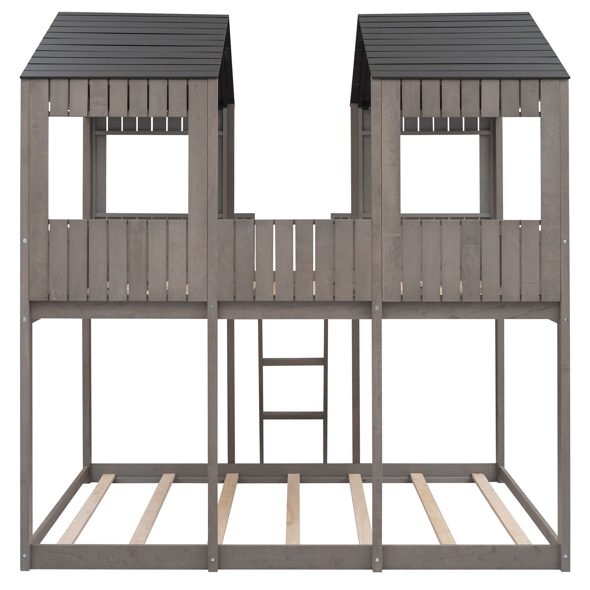 Full Over Full Bunk Bed With Roof, Window, Guardrail, Ladder - Antique Gray