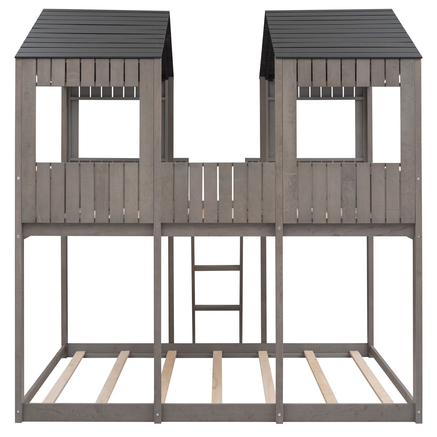 Full Over Full Bunk Bed With Roof, Window, Guardrail, Ladder - Antique Gray