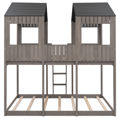 Full Over Full Bunk Bed With Roof, Window, Guardrail, Ladder - Antique Gray