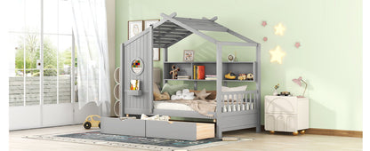 Twin Size House Bed With 2 Drawers, Kids Bed With Storage Shelf - Gray
