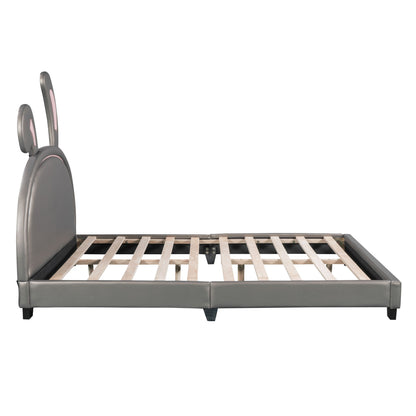 Full Size Upholstered Leather Platform Bed With Rabbit Ornament - Gray