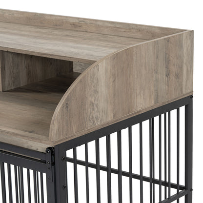 44'' Heavy Duty Large Dog Crate Furniture For Large Medium Dog With Lockable Wheels, Wooden Dog Crate Dog Kennel, End Table Crate With Double Layer Storage - Gray