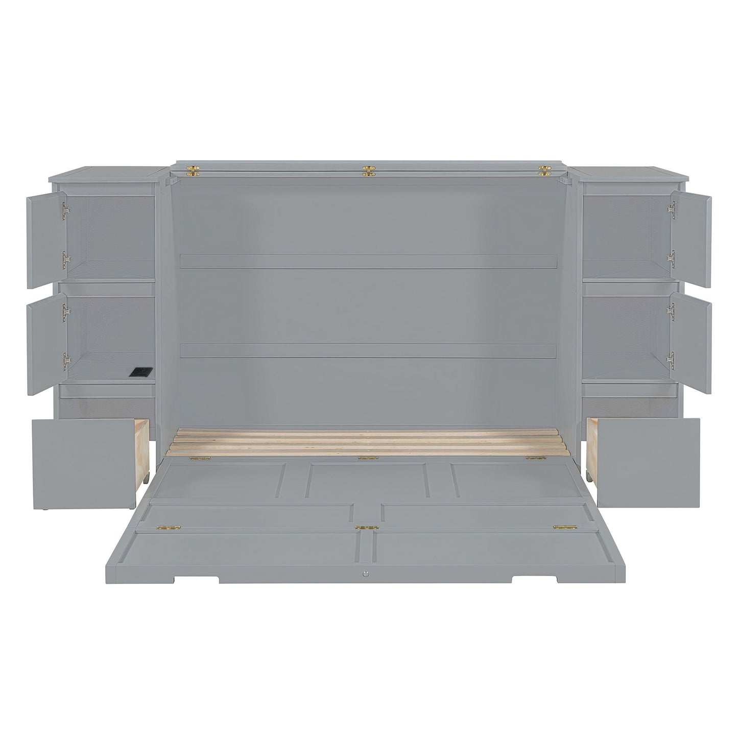 Full Size Murphy Bed With Drawers, Cabinets, And USB Ports - Gray
