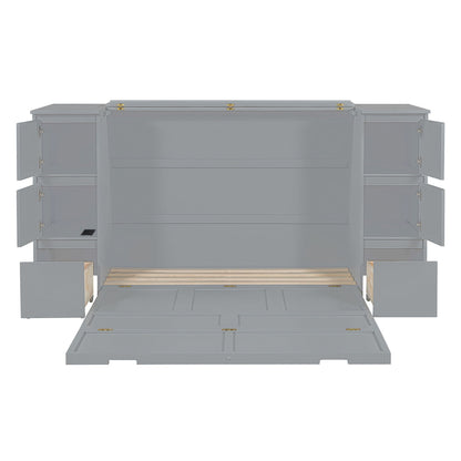 Full Size Murphy Bed With Drawers, Cabinets, And USB Ports - Gray