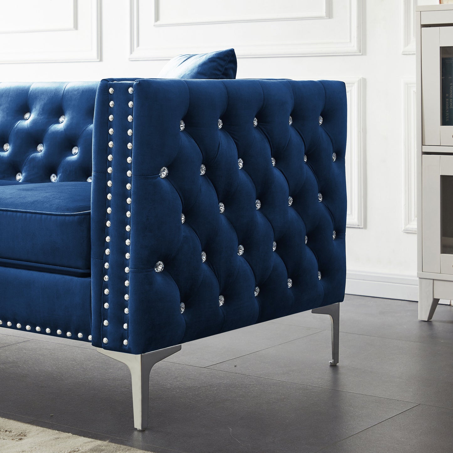 Wide Sofa With Jeweled Buttons, Square Arm, 2 Pillows - Blue