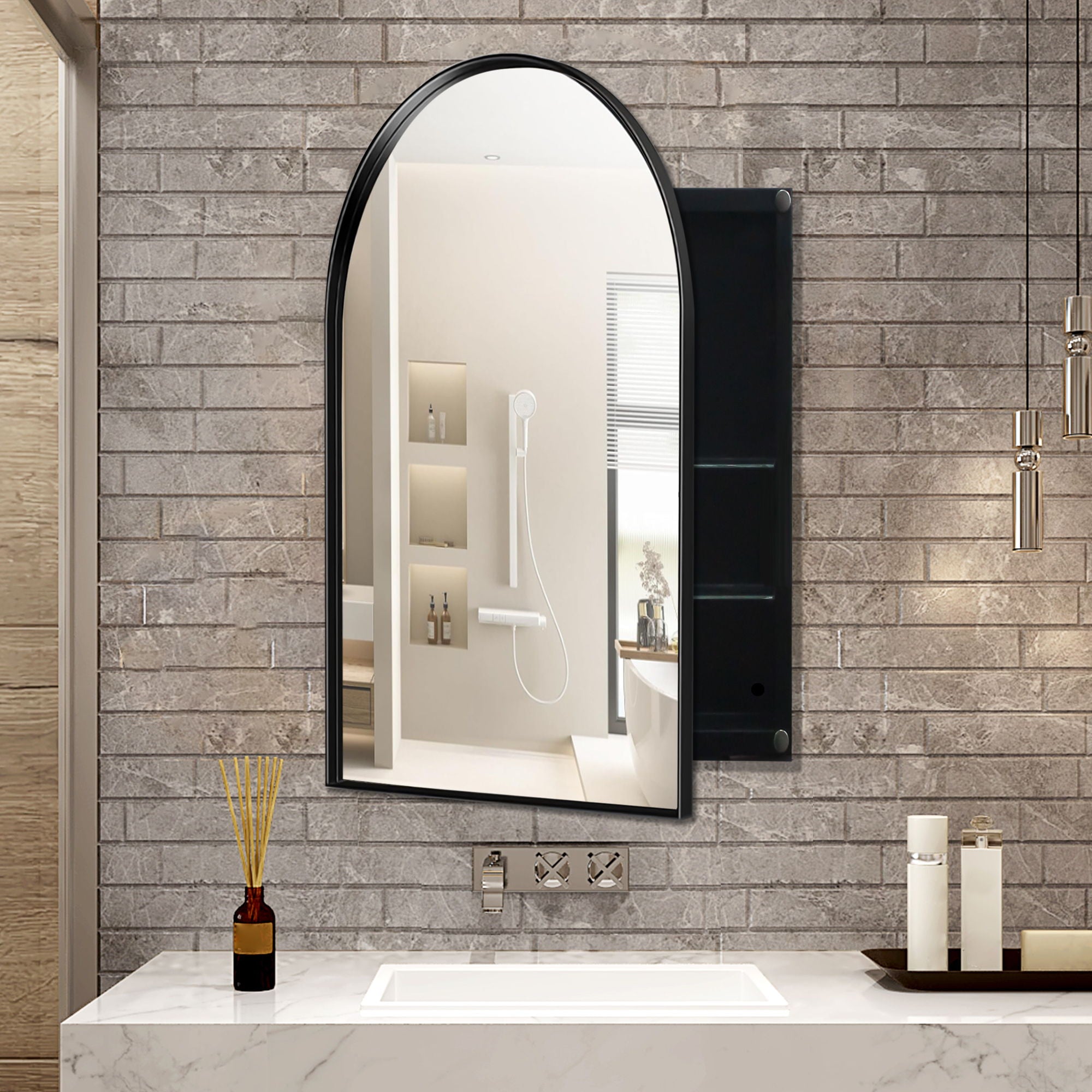Arched Recessed Medicine Cabinet, Metal Framed Bathroom Wall Cabinet With Mirror And Adjustable Shelves, Wall Mirror With Storage For Bathroom - Matte Black
