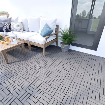 10 Piece Interlocking Deck Tiles Checker Pattern, Square Acacia Hardwood Outdoor Flooring For Patio, Bancony, Pool Side - Light Gray