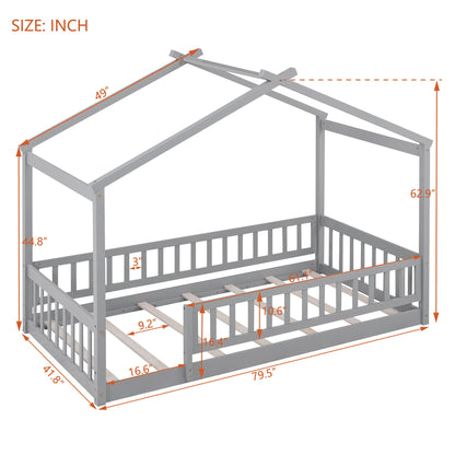 Twin Size Bed House Bed Frame With Fence - Gray