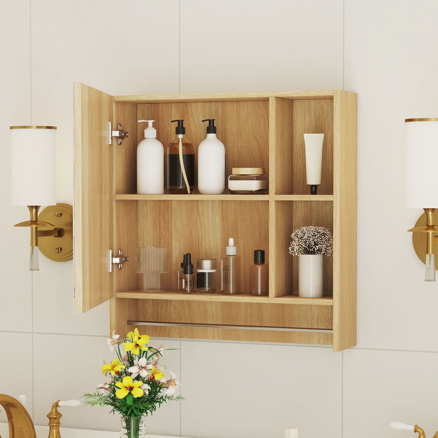 Wall Mounted Bathroom Storage Cabinet With Mirror Door, Medicine Cabinet, Over The Toilet Storage Cabinet With Shelves And Towel Rack - Burly Wood