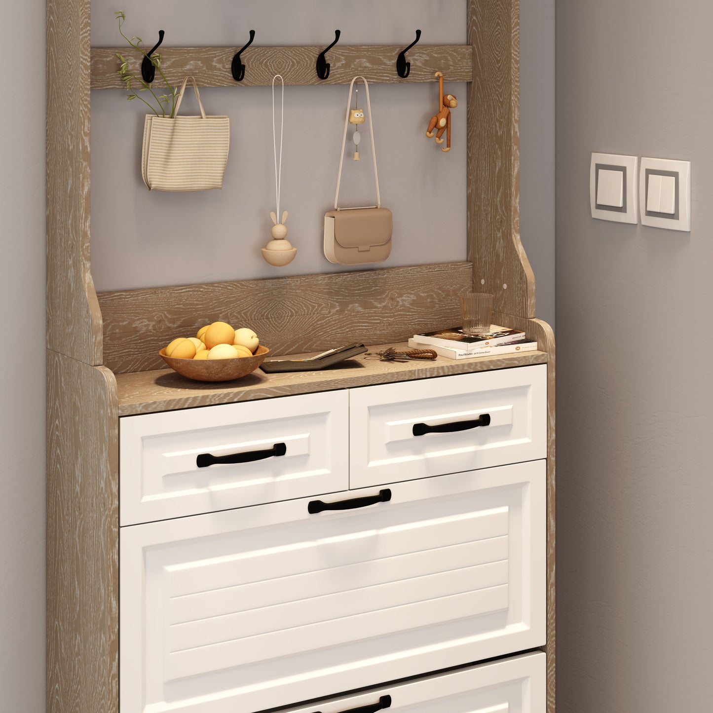 Shoe Cabinet With 3 Doors 2 Drawers With Hanger, Door With Shape, Large Space For Storage - White