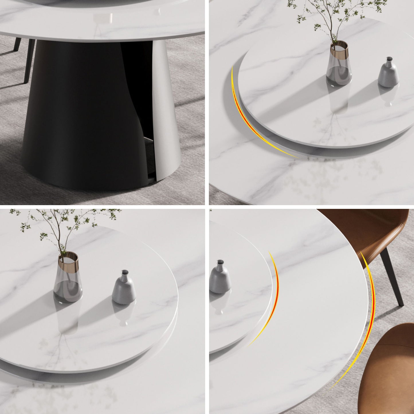 59.05" Modern Artificial Stone Round Carbon Steel Base Dining Table, Can Accommodate 6 People, White Artificial Stone Turntable - White / Black