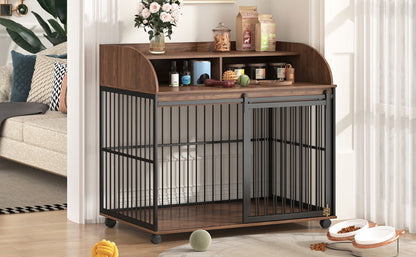 Heavy Duty Large Dog Crate Furniture For Large Medium Dog With Lockable Wheels, Wooden Dog Crate Dog Kennel, End Table Crate With Double Layer Storage - Brown